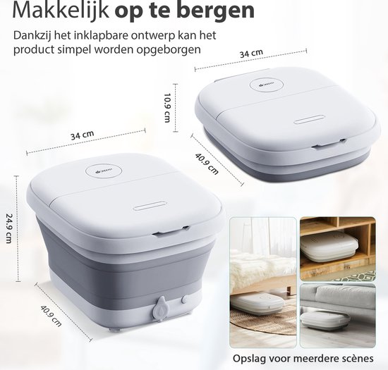 Inklapbaar voetenbad in twee maten met afmetingen en opslag voor meerdere scènes.
