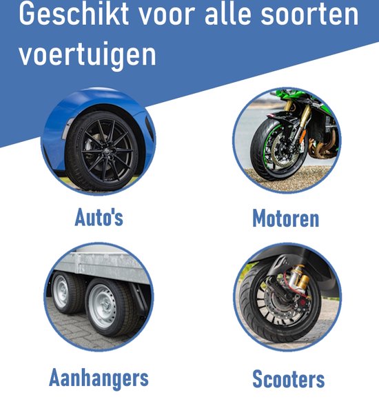 Afbeeldingen van een blauwe auto, motor, aanhanger en scooter, met de tekst 'Geschikt voor alle soorten voertuigen'.