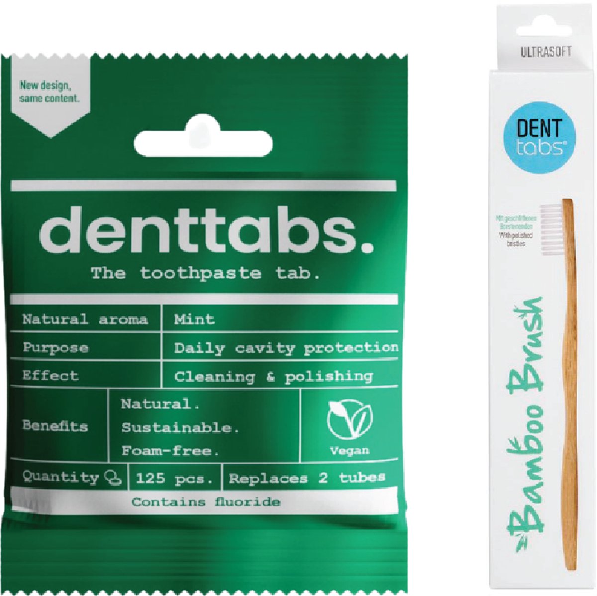 Denttabs Tandpasta Tabletten - Bamboe Tandenborstel - Mint - Extra Zacht - Tandsteenpreventie - Vegan - Milieuvriendelijk