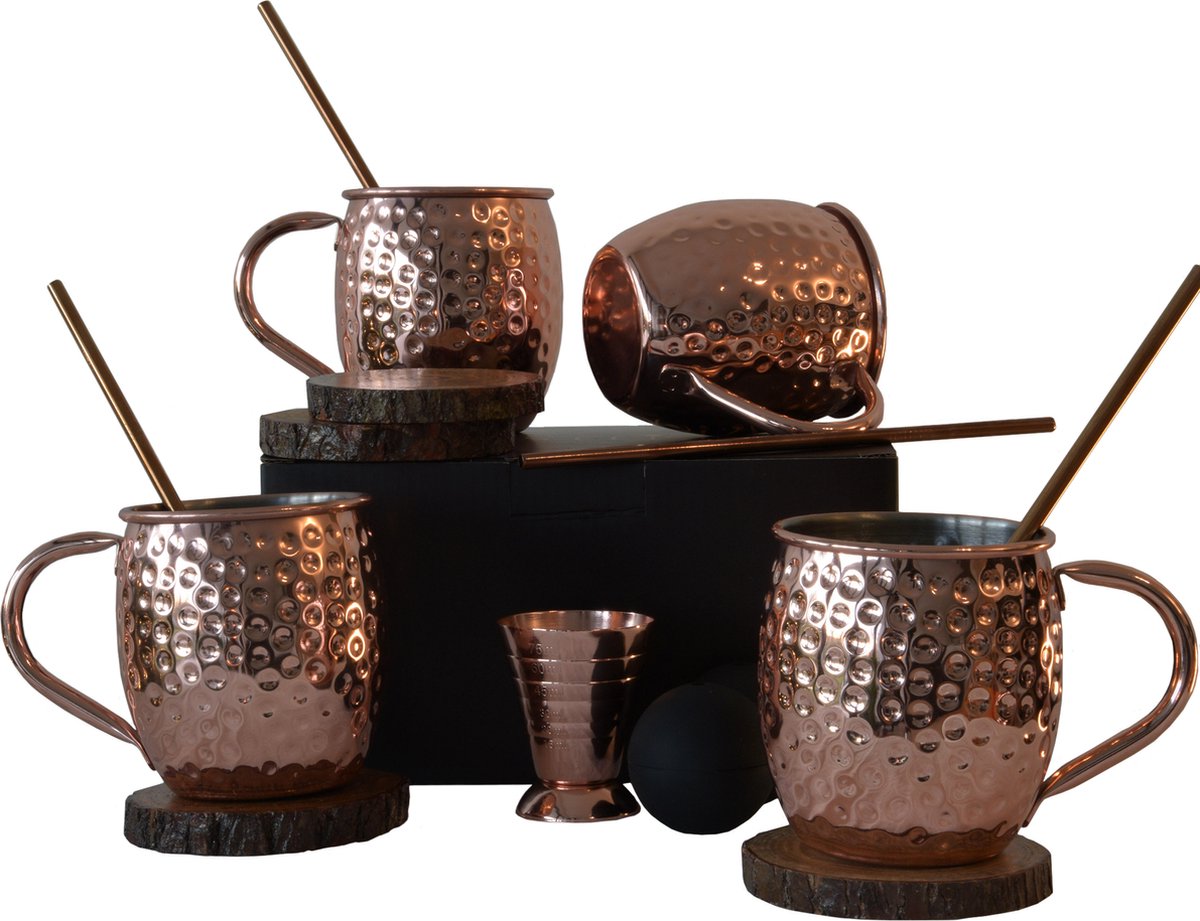 Chefs Cuisine Moscow Mule Cocktail Beker Geschenkset - cocktail glazen - moscow mule bekers - 500 ml bekers Inclusief 4 Rietjes, 4 onderzetters, 2 ice molds & jigger