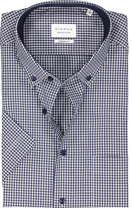 ETERNA modern fit overhemd korte mouw - popeline - middenblauw geruit (contrast) - Strijkvrij - Boordmaat: 48