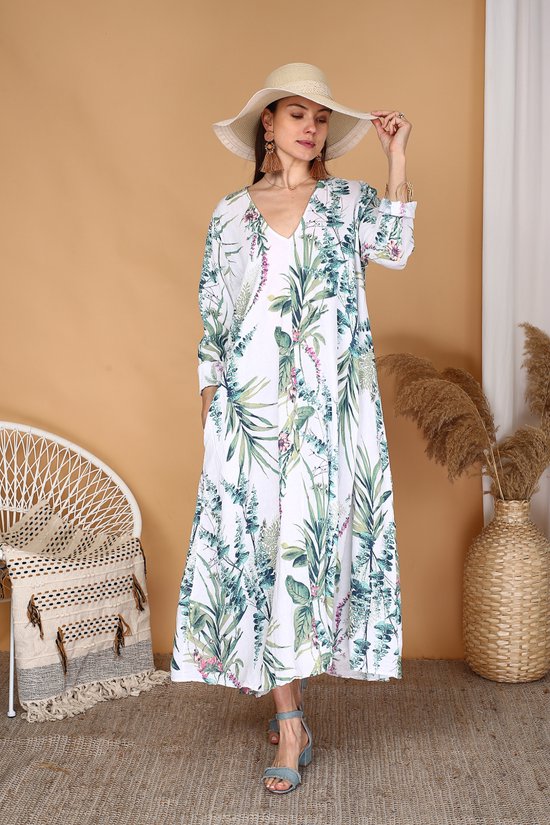 Maxi Jurk Dames – Linnen Zomerjurk met Bladerenprint – Lange