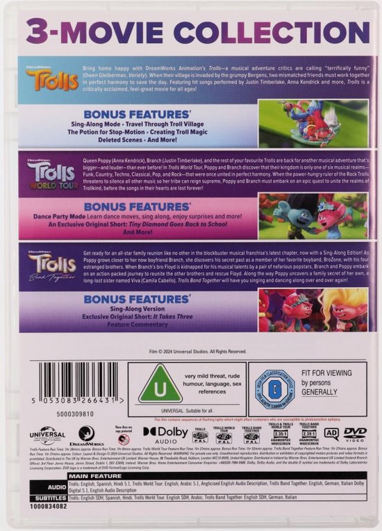 Achterkant van de 3-movie collection DVD-hoes van Trolls. Bevat bonusfuncties.