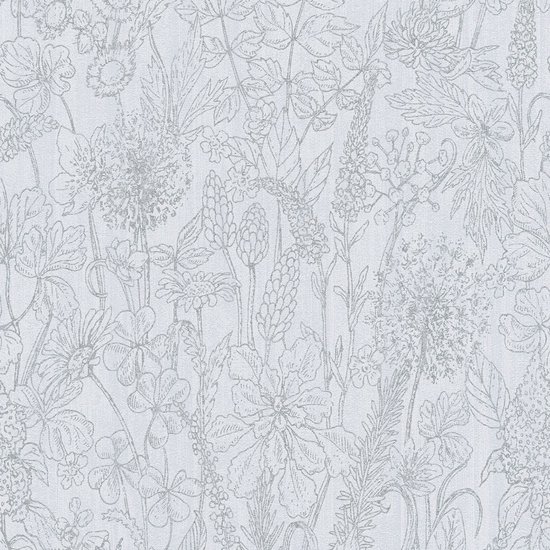 Bloemen behang Profhome 378342-GU vliesbehang glad met bloemen patroon mat wit zilver grijs 5,33 m2