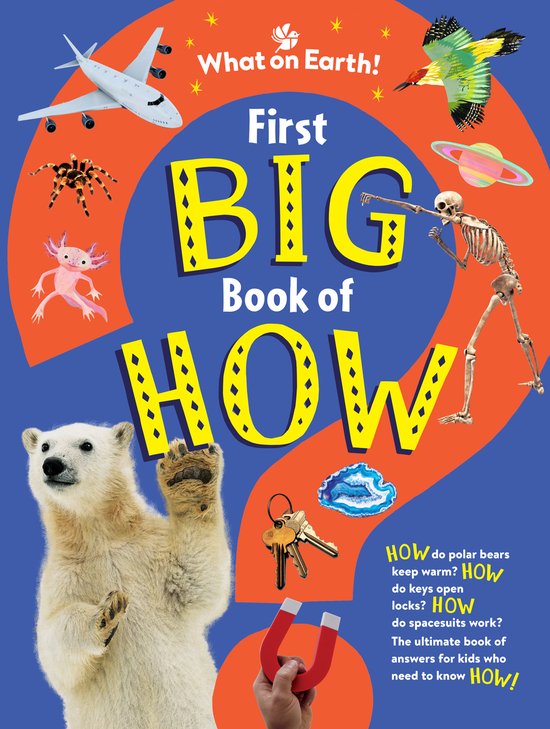 Boek kaft met een ijsbeer, skelet, vliegtuig, spin, axolotl, vogel, ringplaneet en vraagteken. "First BIG Book of HOW"