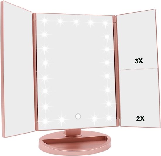 Verlichte Makeup Spiegel met 21 LED lampen, Dual Power Supply 2X/3X Vergrotende LED (Rose Goud)