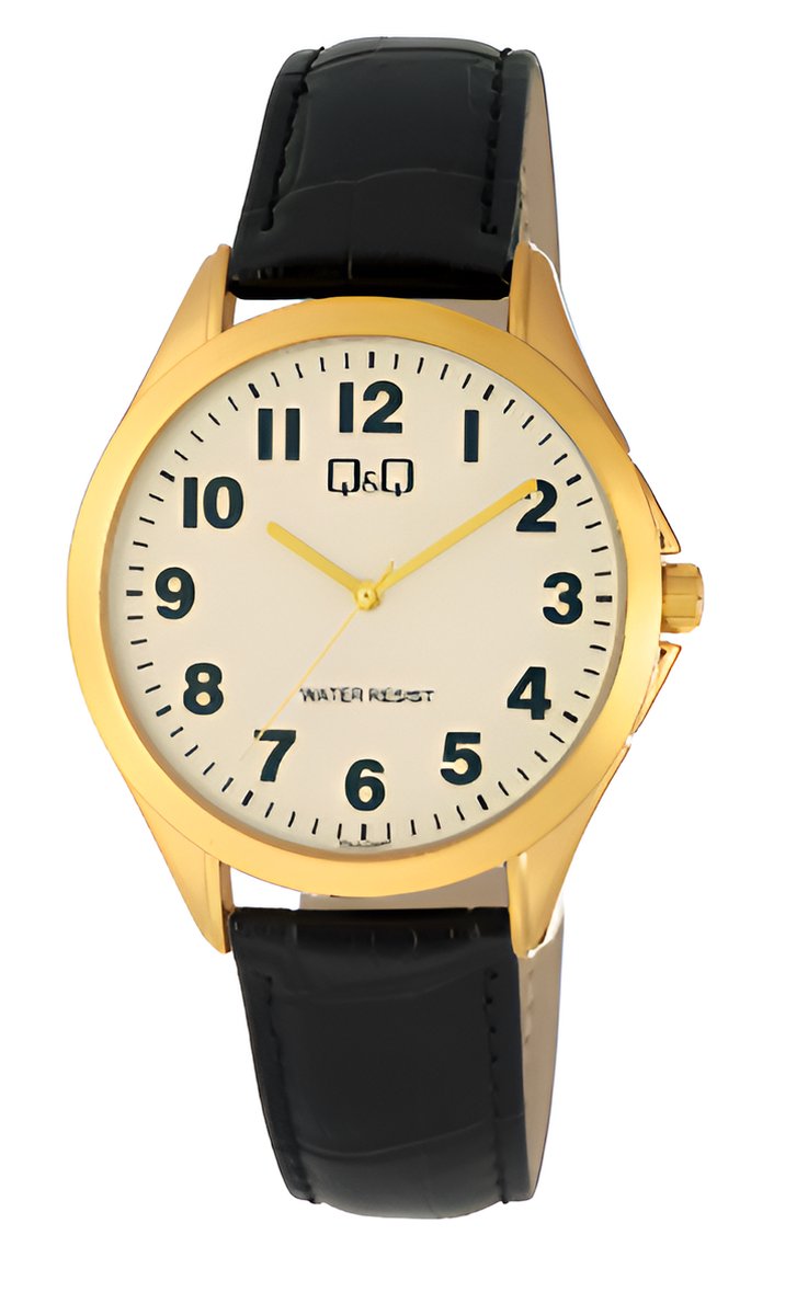 QQ C04A-006PY - Horloge - Analoog - Mannen - Heren - Leren band - Rond - Metaal - Cijfers - Zwart - Goudkleurig