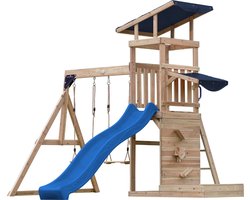 AXI Malik Speeltoestel met Dubbele Schommel Bruin – Blauwe Glijbaan – Zandbak en Speelwand - FSC hout - Speelhuis op palen voor de tuin