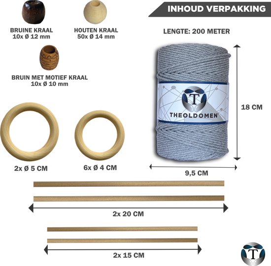 Macramé Pakket | 200 meter | Incl. Handleiding | Lichtgrijs | Starter Set | Ringen | Kralen |Stokken | Macramé Touw | 3mm | 100% Katoen | Macramé | Decoratie | DIY | Doe Het Zelf | Wandkleed | Dromenvanger | Plantenhanger | Tassen | TheOldOmen |