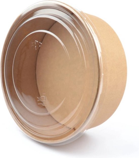 Kartonnen Saladebakjes 1300ml Kraft Bruin XXL rPET Deksel – 150 Stuk – Goedkope Disposable