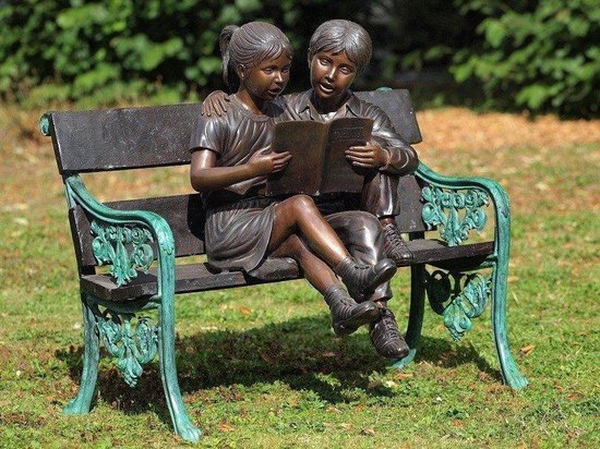 Teken een foto wagon mosterd Tuinbeeld - bronzen beeld - 2 Kinderen op bank - 95 cm hoog | bol.com