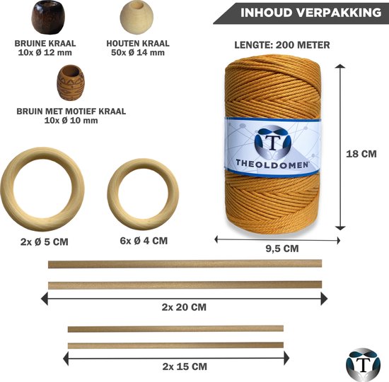Macramé Pakket | 200 METER | Incl. Handleiding | Goudgeel | Starter Set | Ringen | Kralen |Stokken | Macramé Touw | 3mm | 100% Katoen | Macramé | Decoratie | DIY | Doe Het Zelf | Wandkleed | Dromenvanger | Plantenhanger | Tassen | TheOldOmen |
