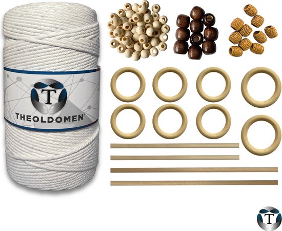 Macramé Pakket | 200 METER | Incl. Handleiding | Wit | Starter Set | Ringen | Kralen |Stokken | Macramé Touw | 3mm | 100% Katoen | Macramé | Decoratie | DIY | Doe Het Zelf | Wandkleed | Dromenvanger | Plantenhanger | Tassen | TheOldOmen |