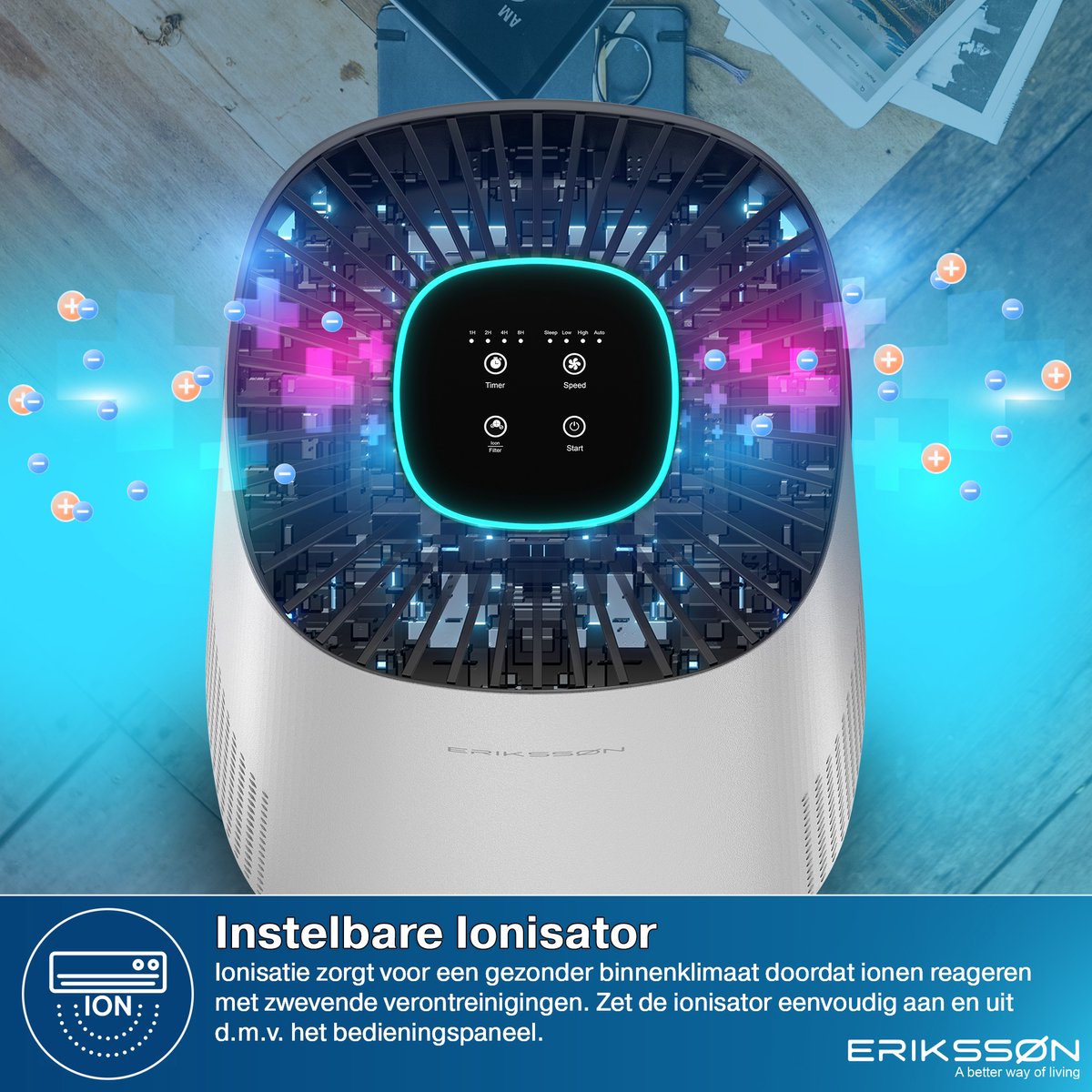 Erikssøn Luchtreiniger Air Purifier Elite - 2x HEPA-14 Filter - Wit - 240 m3/u - Vermindert Stof En Pollen - Met Hepa Filter - Met Ionisator — afbeelding 3