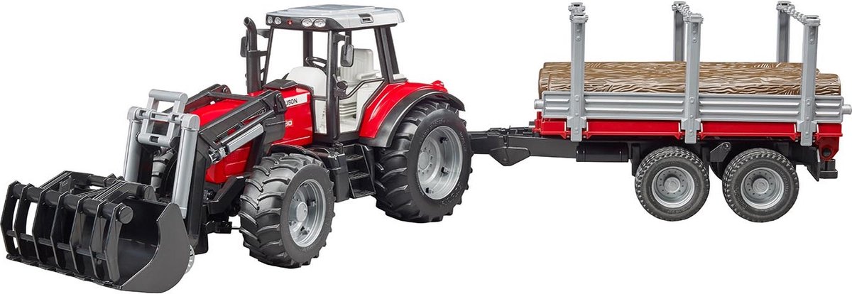 Bruder 2046 Massey Ferguson 7480 tractor met voorlader en houttransport trailer - Bruder