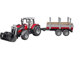 Bruder 2046 Massey Ferguson 7480 tractor met voorlader en houttransport trailer