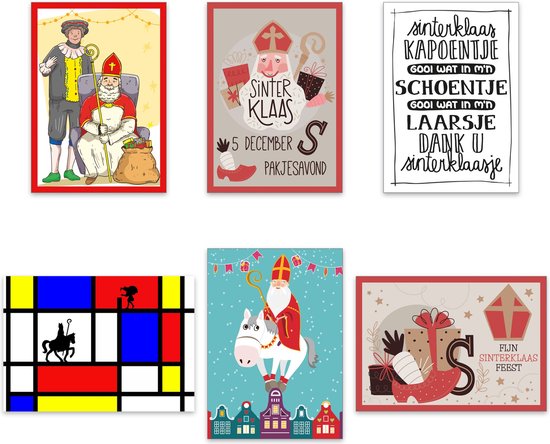 Set van 6 verschillende Sinterklaaskaarten - Sinterklaas, Sinterklaasfeest, Wenskaart, Ansichtkaart - Leuke Post