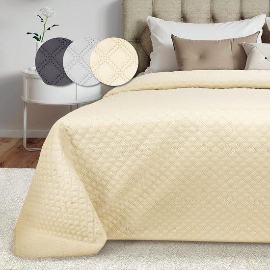 Couvre-lit 240 x 260 cm pour lit à sommier tapissier et canapé aspect matelassé – Grand plaid respirant, couverture élégante, plaid intemporel – Crème
