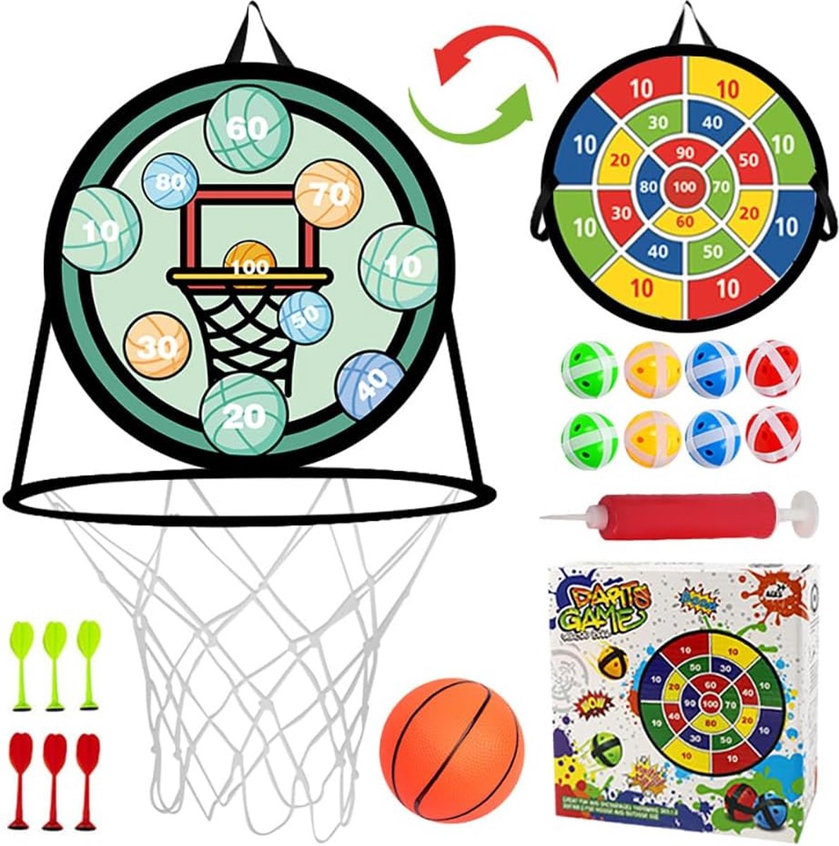 Klittenband-dartbord voor kinderen, met basketbalmand, 2-in-1 dartbord, werpspel en basketbalspel, dubbelzijdige mini-basketbalkorven en dartspel, veilig outdoor en binnen, cadeau speelgoed (groen)