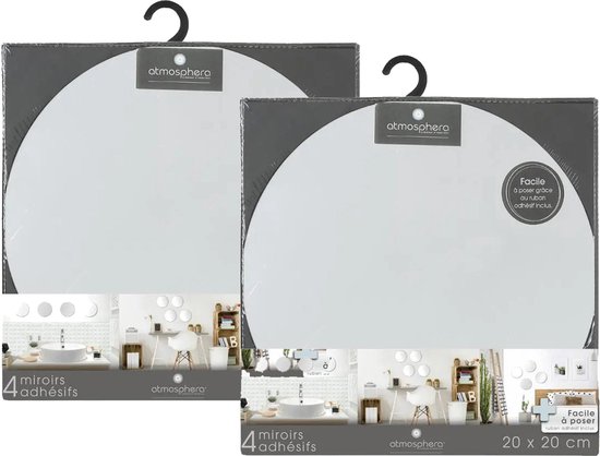 5Five Plak spiegels tegels - 8x stuks - glas - zelfklevend - 20 x 20 cm - rondjes - muur/deur/wand