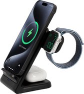 Cazy 3 in 1 Draadloze Oplader Telefoon Stand - 15W Snelladen - Geschikt voor Qi-gecertificeerde toestellen - USB-C - LED-lampje - Zwart