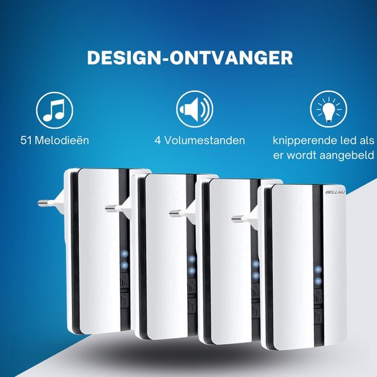 Vier witte deurbelontvangers met zwarte rand en blauwe led-indicatielampjes. Iconen voor 51 melodieën, 4 volumes en knipperende led.