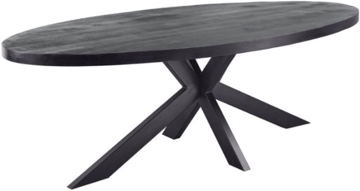 Meubelplaats Zwarte mango Eettafel Ovaal met zwarte matrixpoot van metaal 180x90 - industrieel Design - Massief zwart Mangohout