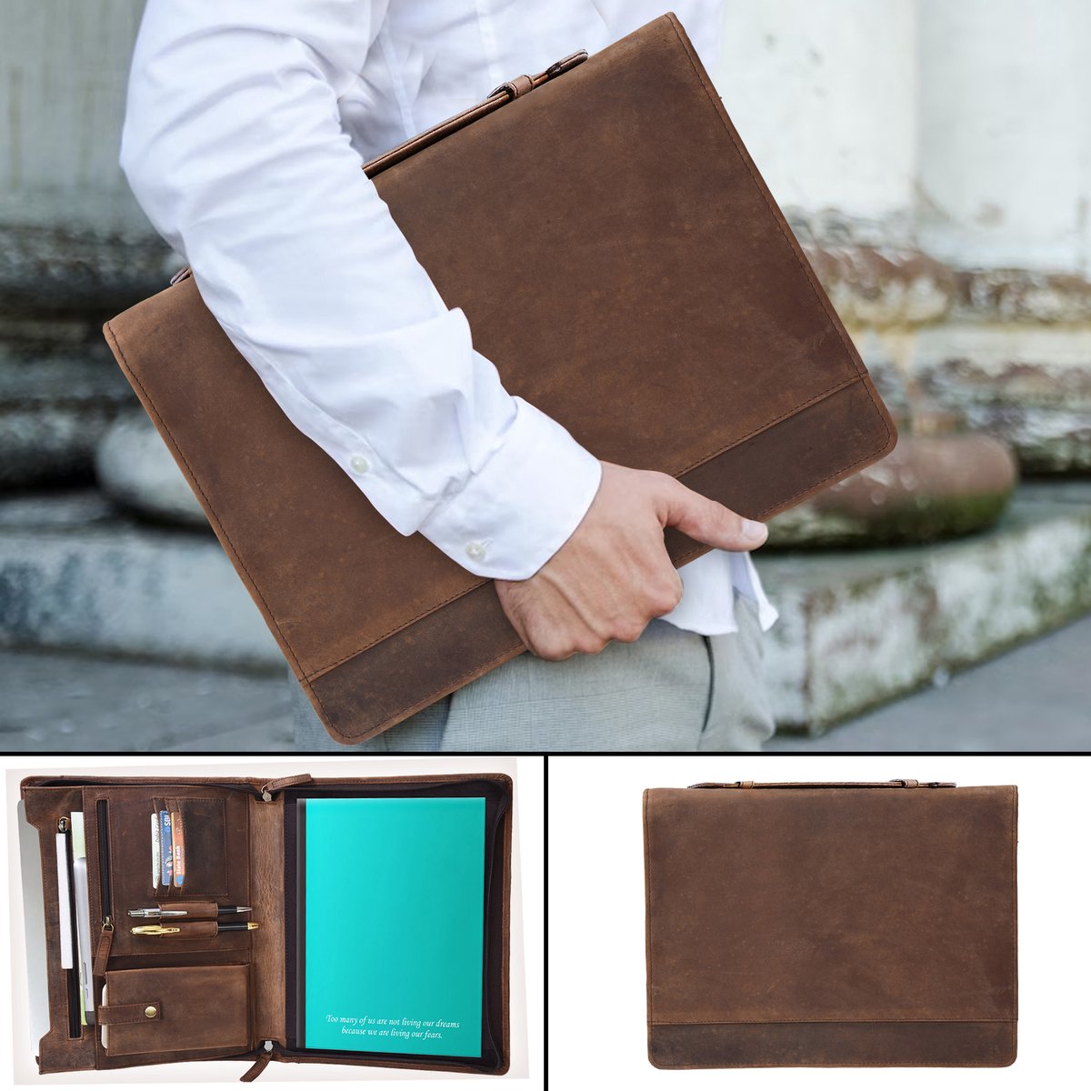 Lederen zakelijke portfolio van Rustic Town | A4 conferentiemap cadeau voor mannen en vrouwen | Handgemaakte duurzame lederen padfolio 3 1 mouwen voor documenten en notitieblok