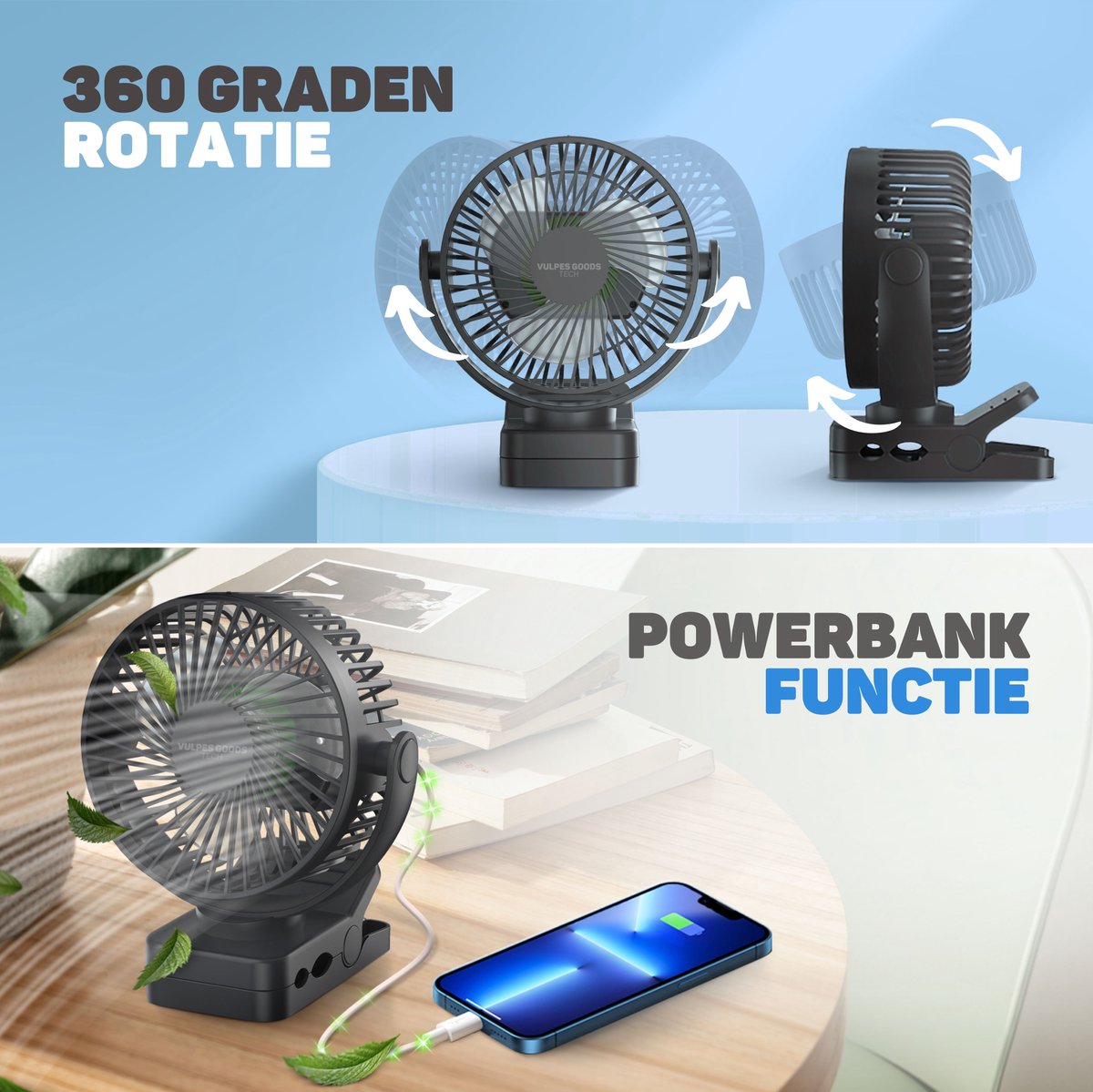 Vulpes Goods® Tech - Mini USB Ventilator PRO - Oplaadbare Tafelventilator - Stille Mini Fan met Afstandsbediening - Handventilator - Klein, Stil & Geruisloos - 3 Snelheden & Verlichting - 12000 mAh & Powerbank functie - Premium Zwart — afbeelding 7
