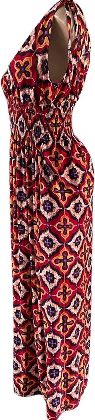 Dames maxi jurk met print XL/XXL (40-44) donkerrood/geel/blauw - Merkloos