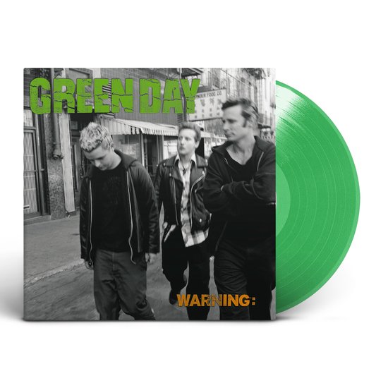 Groen vinyl van Green Day's 'Warning' album met de bandleden op de hoes.