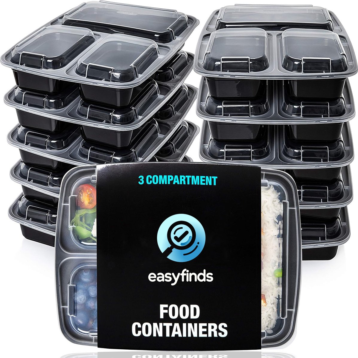 EasyFinds Meal Prep Bakjes 3 Compartimenten 1L Verhoudbakjes Vershouddoos Magnetron Bakjes Met Deksel BPA-Vrij 10 stuks