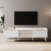 Sweiko TV kast met twee laden, TV tafel TV bord, TV lowboard laag top met twee schuifdeuren. Prachtige textuur. Witte en natuurlijke houtverf. H58/L160/T40 cm