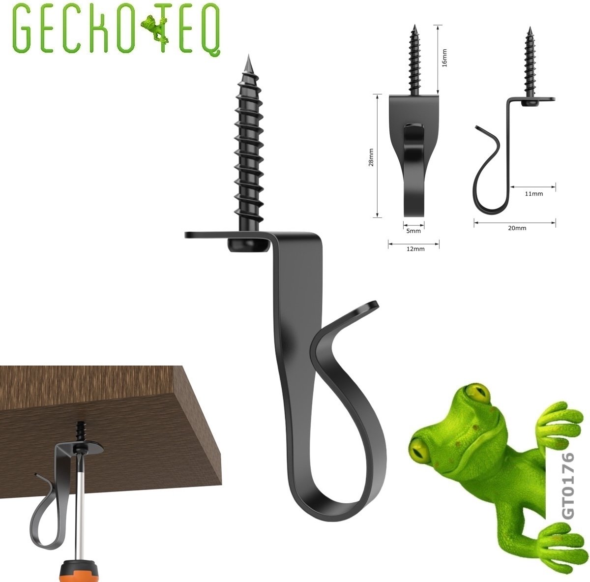 GT1126 GeckoTeq 5 x RVS/zwart-Plafond-Draad haakjes voor slingers en feestverlichting-ophangen snoeren-verlichting-stroomdraad