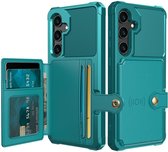 Portemonnee Hoesje Geschikt voor Samsung Galaxy A35 - Back Cover met Pasjeshouder - Telefoonhoesje voor Pinpas - Kaarthouder op Achterkant - Case met Magneet voor Auto Houder Groen Blauw