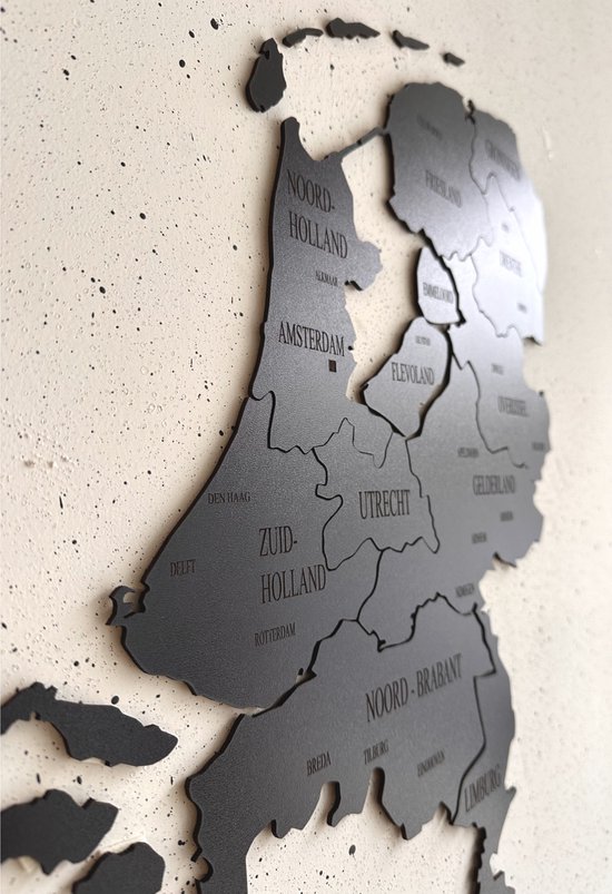 Houten 3D Nederland puzzle kaart - Wanddecoratie - Zwart - Houten art - Muurdecoratie - Map of the Nederland puzzle - Wandborden - Woonkamer - 75x50 cm