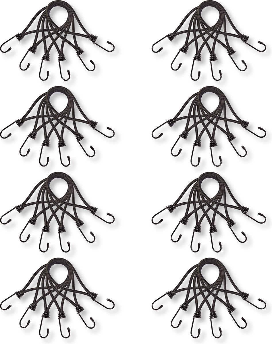 Voordelpak: Mini Snelbinders met Haak | Set van 8 Spanelastiek – 6 Stuks in elke Set | Tentspanner | Zwart Spinhaak 20cm Length