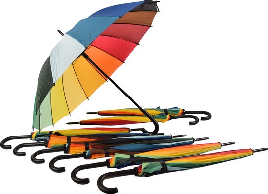 Voordelverpakking: Set van 9 Regenboog Paraplu voor Volwassenen - 98cm Diameter | Windproof met Haak Handvat - Multi Collors - LGBTQ Paraplu