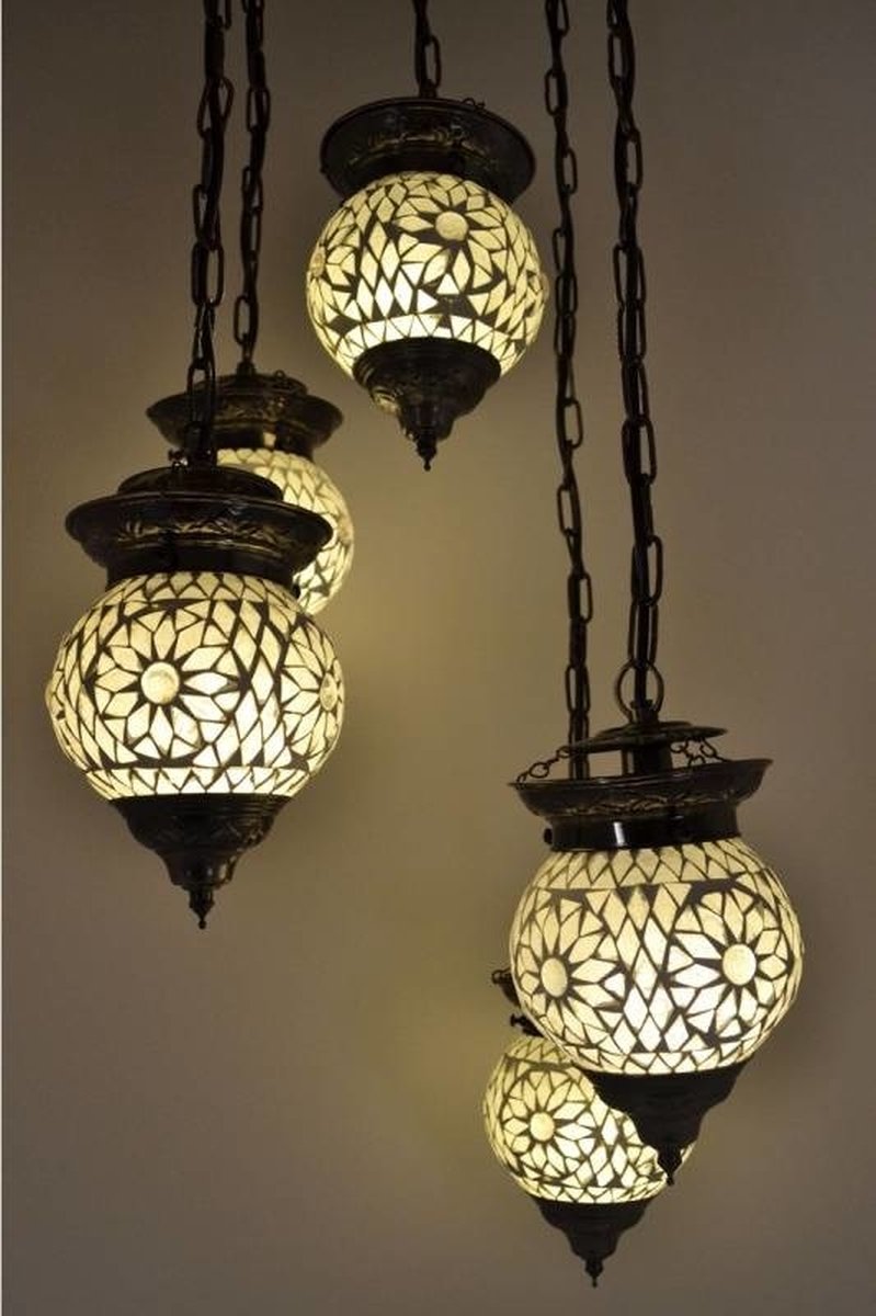 LM-Collection Roya 5 bol Hanglamp - Ø35x75 - E14 - Wit/Brons - Glas/Metaal - hanglampen eetkamer, hanglamp zwart, hanglampen woonkamer, hanglamp slaapkamer, hanglamp kinderkamer, hanglamp rotan, hanglamp hout, hanglamp industrieel