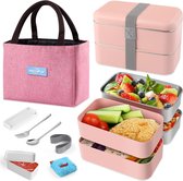 Box, lunchbox broodtrommel met vakken, 2 niveaus met 2 stuks milieuvriendelijke PP en roestvrijstalen containers, met vorklepelverdelers, draagtas, voor kinderen en volwassenen