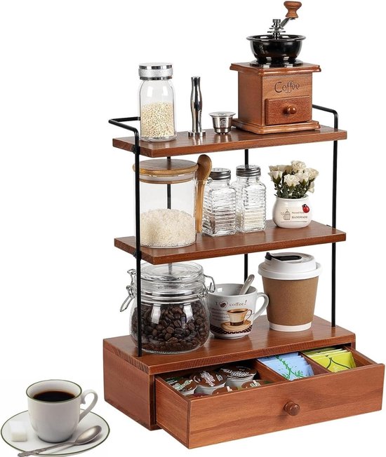 Foto: Koffiefeestatie organizer met lade 3 traps koffieorganizer koffiestation etag re koffiebar accessoires opbergrek organizer voor werkblad keuken kantoor badkamer