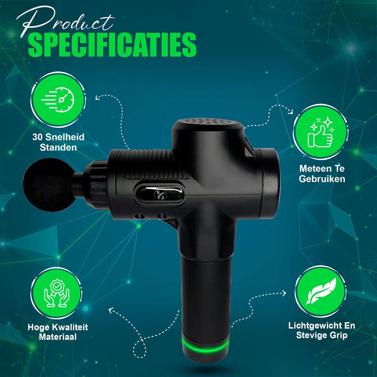 Afbeelding 3 van massage gun S&J Wellness - Massage Gun - Massage apparaat - inclusief koffer - krachtige motor - 30 intensiteitniveaus - 6 opzetstukken - Zwart