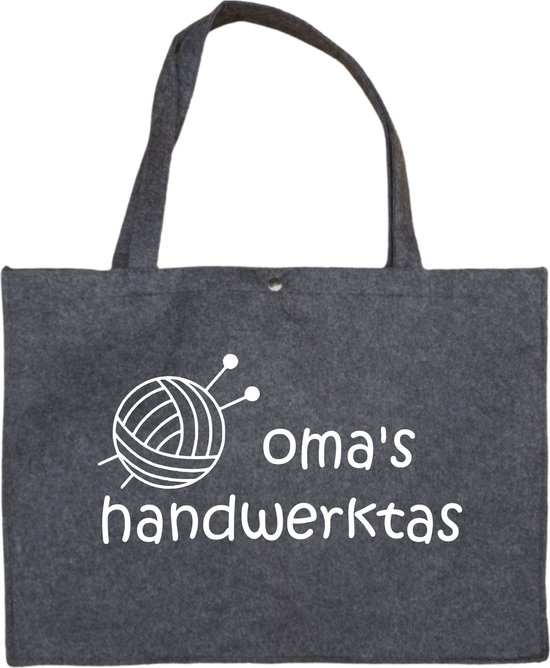 Oma's Handwerktas - Antraciet Vilten Tas A3 Met Drukknoop - Cadeautje Voor Oma - Vilten Shopper - Antraciet Vilten Tas Met Hengsels En Sluiting A3 Formaat