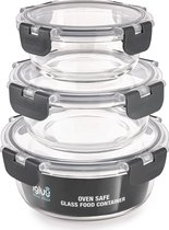 Set van 3 Stapelbare Ronde Glazen Containers - voor Voedsel Opslag, Vriezer, Magnetron, Oven & Vaatwasserbestendig, BPA Vrij - Luchtdichte SnapLock Deksels