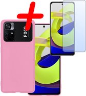 Hoes Geschikt voor Xiaomi Poco M4 Pro 5G Hoesje Siliconen Back Cover Case Met Screenprotector - Hoesje Geschikt voor Xiaomi Poco M4 Pro 5G Hoes Cover Hoesje - Lichtroze