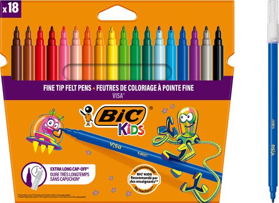 BIC Kids Visa Viltstiften - Fijne Punt - Set van 18 stuks - Uitwasbare Kleurstiften - Drogen 3 Maanden Niet Uit Zonder Dop - Ideaal voor School & Thuis