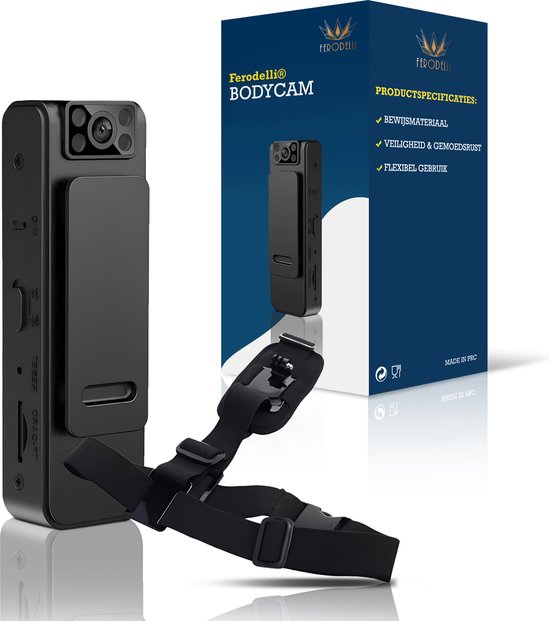 Ferodelli Bodycam - Politie - Chest Camera - Spy Camera - Spy Cam - Verborgen Camera - Spionage Camera - Action Camera - HD - Wifi Met App - Met Harnas