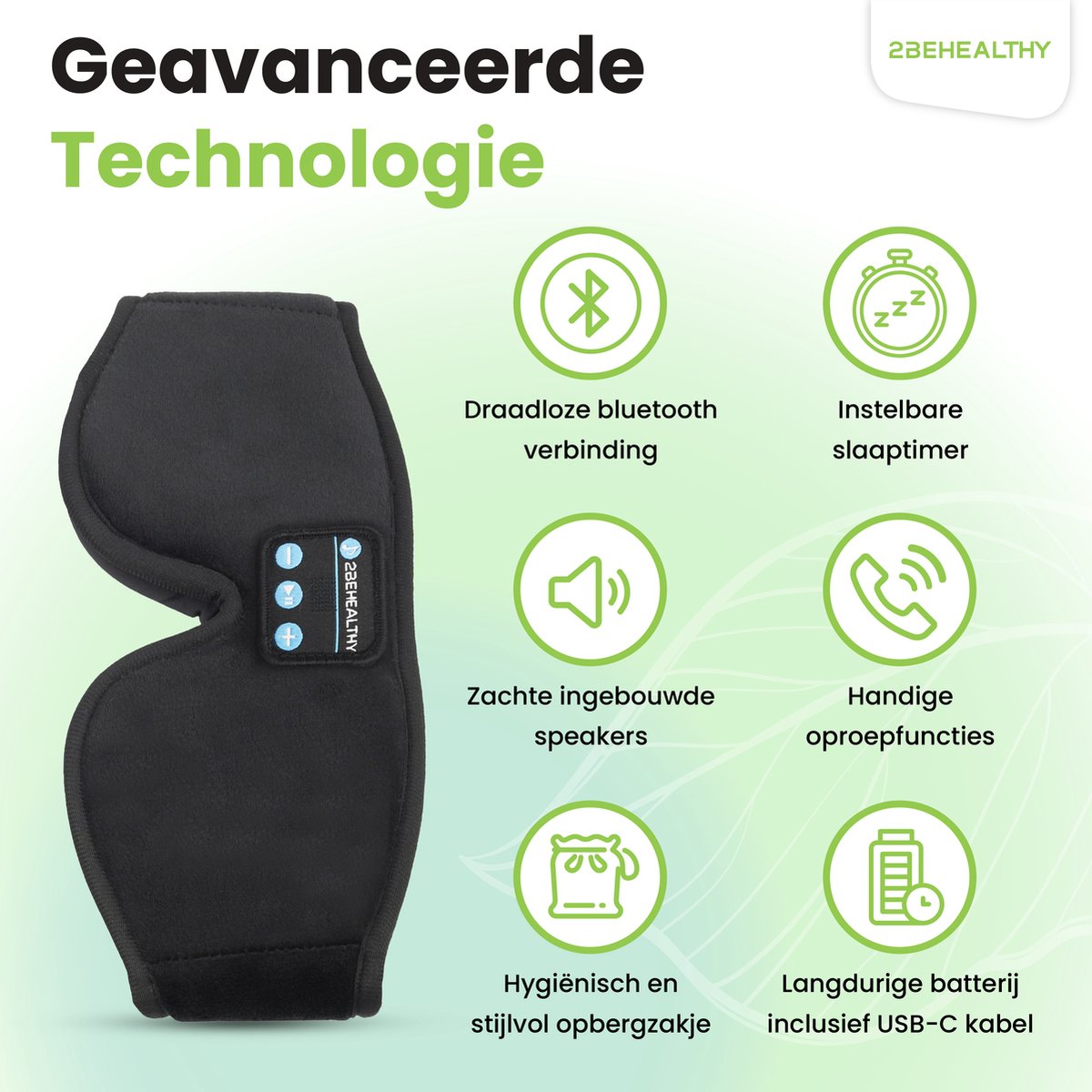 2BEHEALTHY Slaapmasker met Bluetooth - 100% Verduisterend - Met Opbergzakje - Oogmasker - Slaap Masker - Slaapmasker Mannen - Slaapmasker Vrouwen - Eye Mask - Sleeping Mask — afbeelding 2
