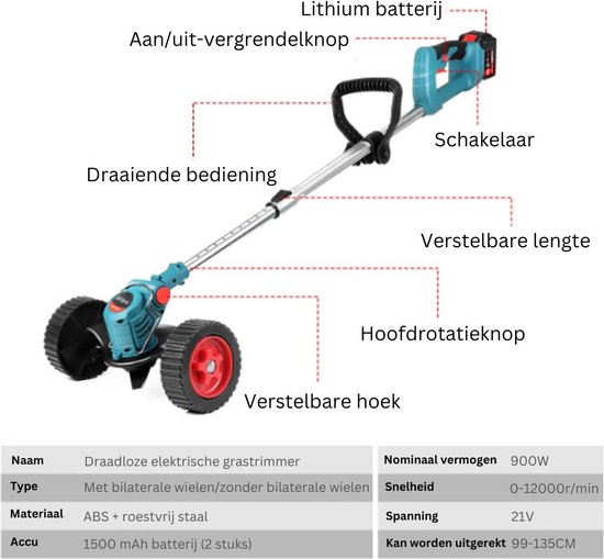 Zweefmaaier - Bosmaaier Electrisch - Grastrimmer met Accu - Grasmaaier - Handmaaier met Wielen - Licht Blauw van Trimmz — afbeelding 4