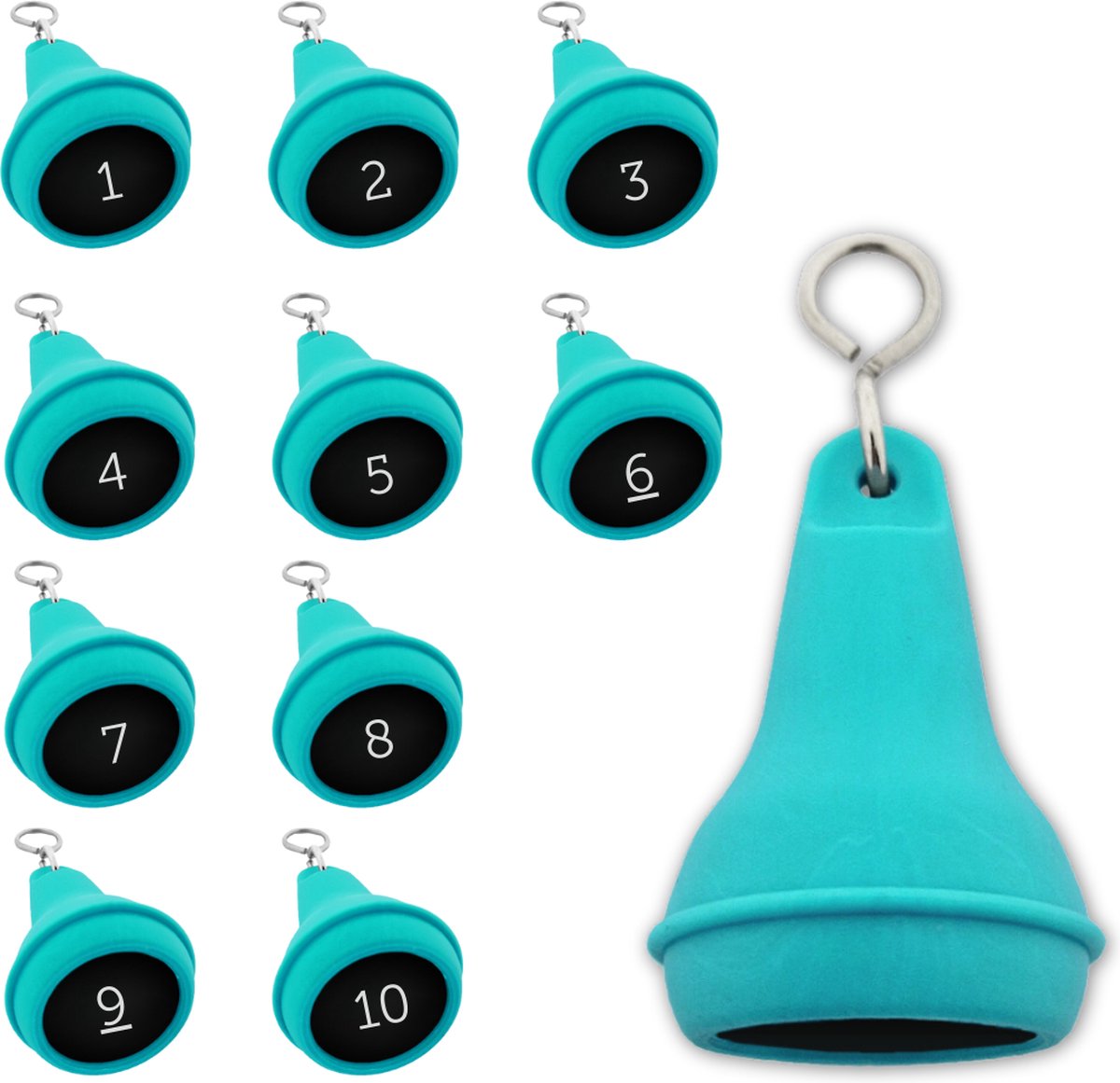Peervormige sleutelhangers 10 stuks (+ gravering 1 t/m 10) - Turqoise